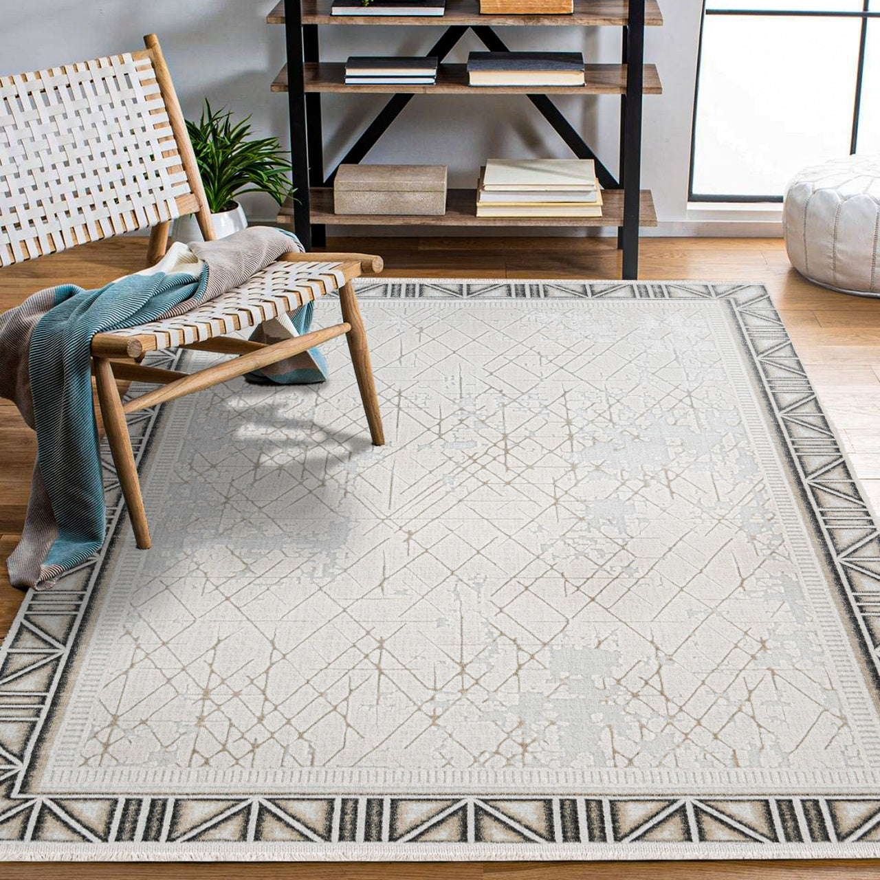 Bej Gold Bordürlü Minimalist Halı - Yıkanabilir - Kaymaz Taban - Pati Dostu