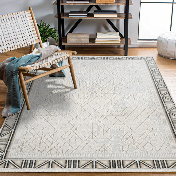 Bej Gold Bordürlü Minimalist Halı - Yıkanabilir - Kaymaz Taban - Pati Dostu