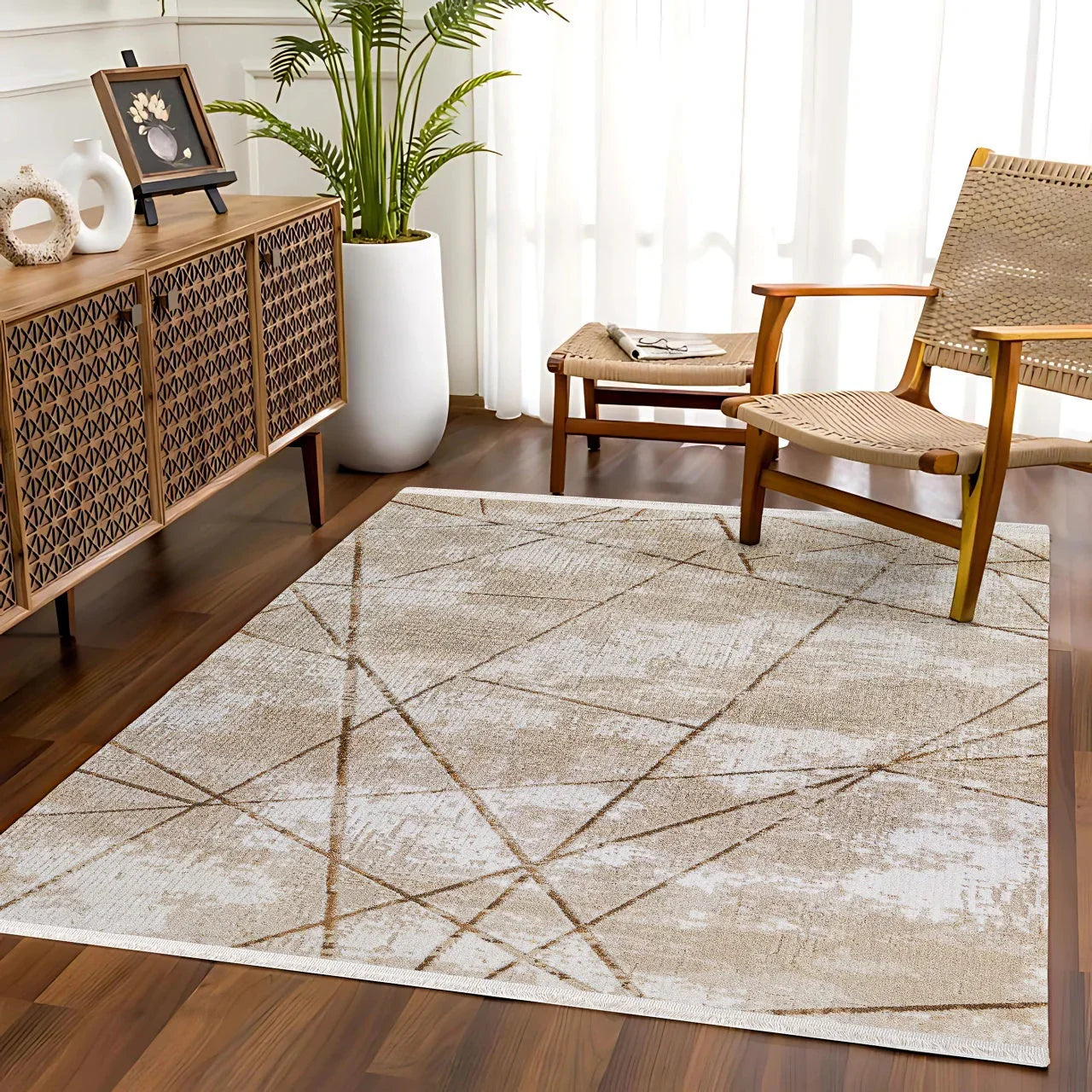 Bej Bohem Geometrik Halı - Yıkanabilir - Kaymaz Taban - Pati Dostu