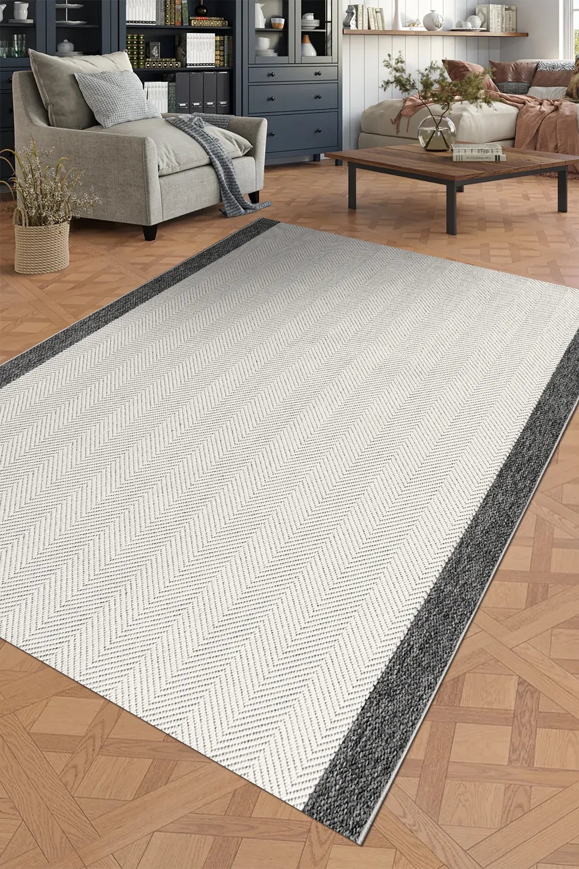 Kamvi Beyaz Gri Geometrik Desenli Modern Salon Halısı