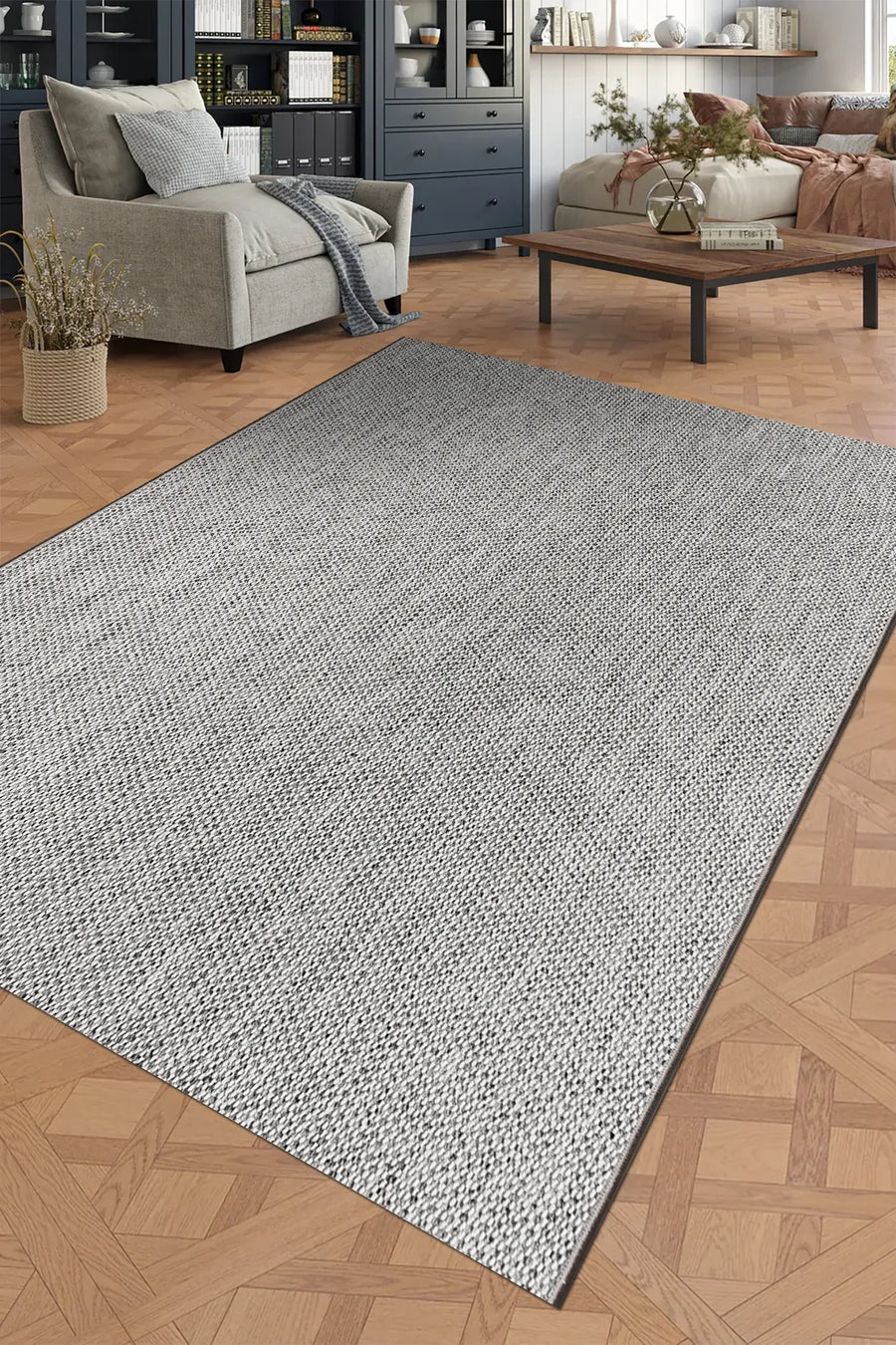 Kamvi Gri Beyaz Geometrik Desenli Modern Salon Halısı