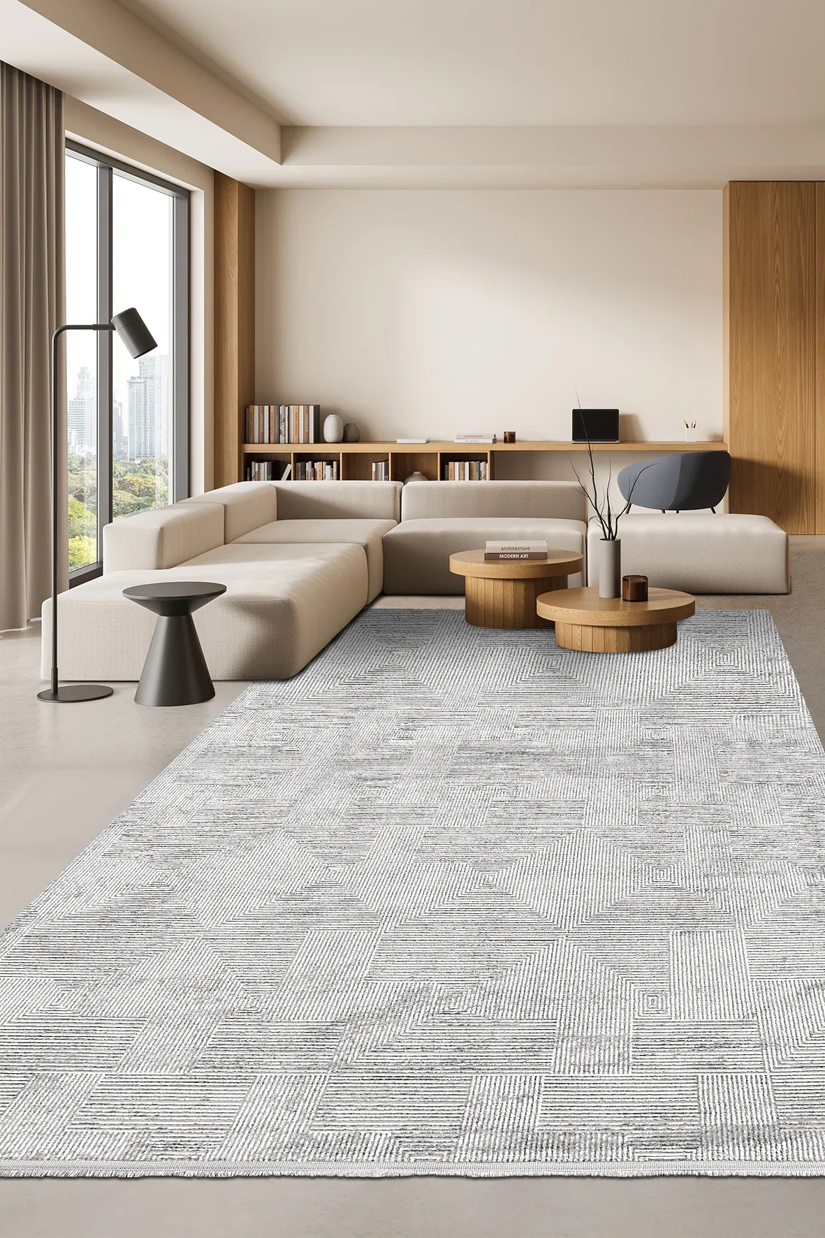 Zelvo Gri Beyaz Modern Geometrik Desenli Halı