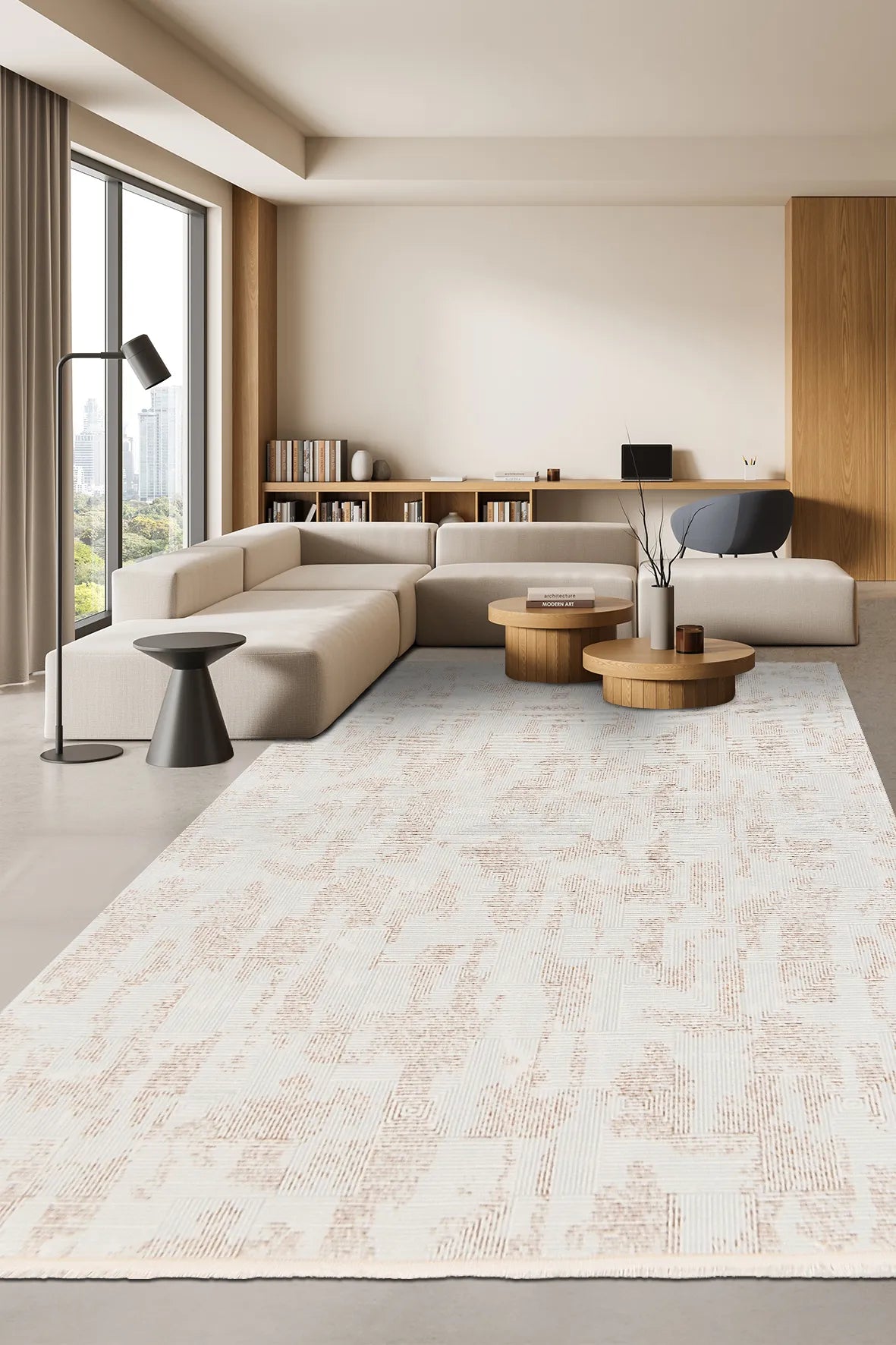 Zelvo Beyaz Bej Soyut Desenli Modern Salon Halısı