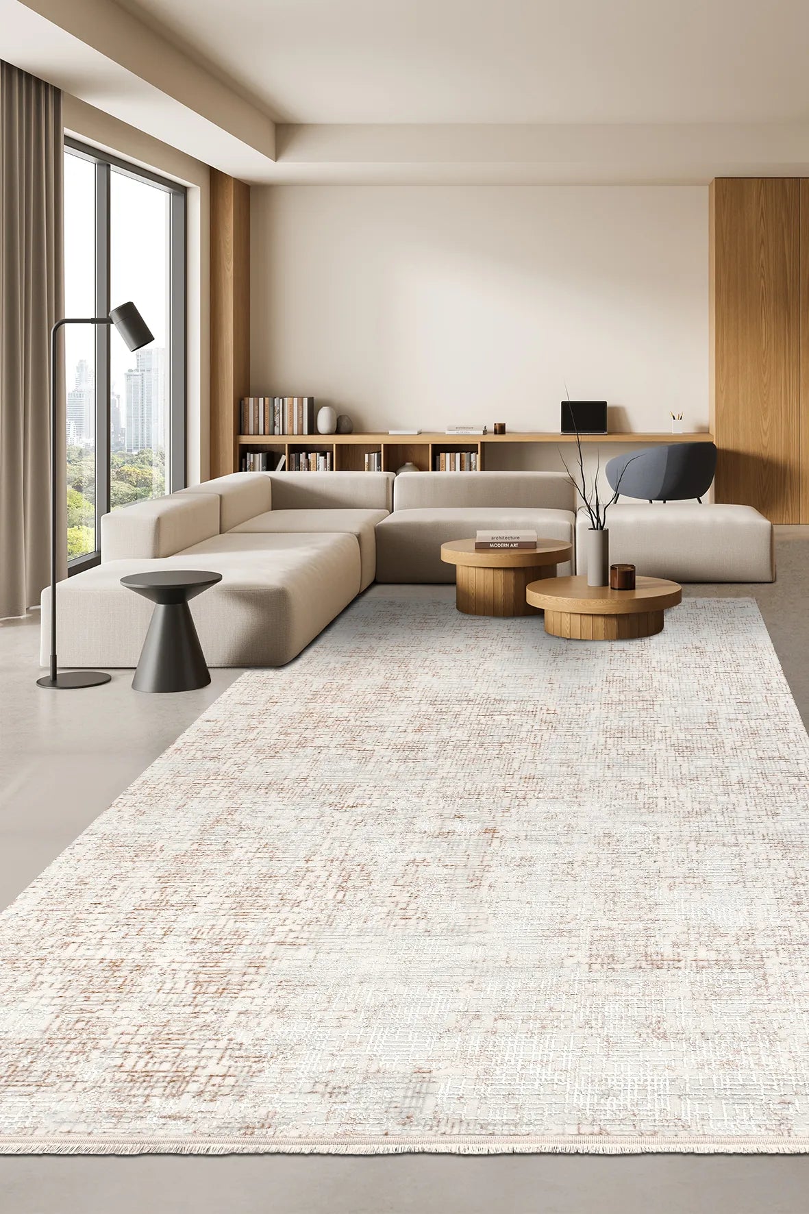 Zelvo Beyaz Bej Geometrik Desenli Modern Polyester Akrilik Halı
