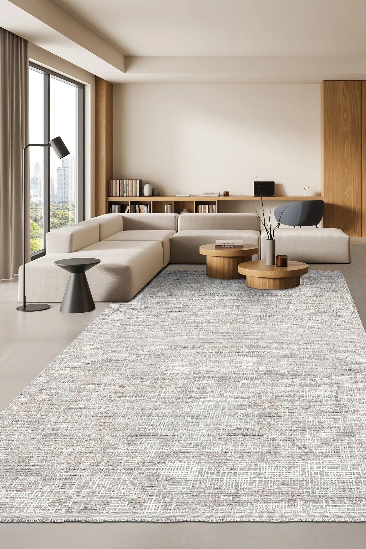 Zelvo Gri Beyaz Geometrik Desenli Modern Salon Halısı