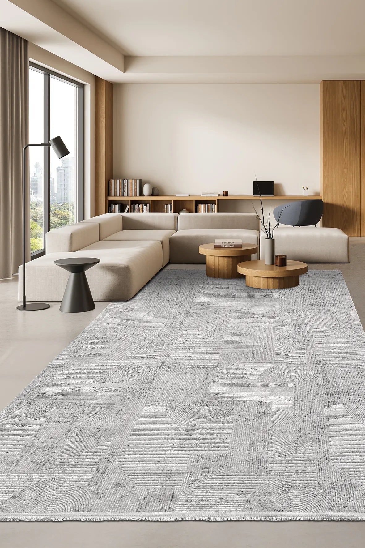 Zelvo Gri Beyaz Soyut Desenli Modern Salon Halısı