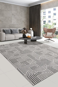 Tanvo Açık Gri Beyaz Geometrik Desenli Polyester Halı