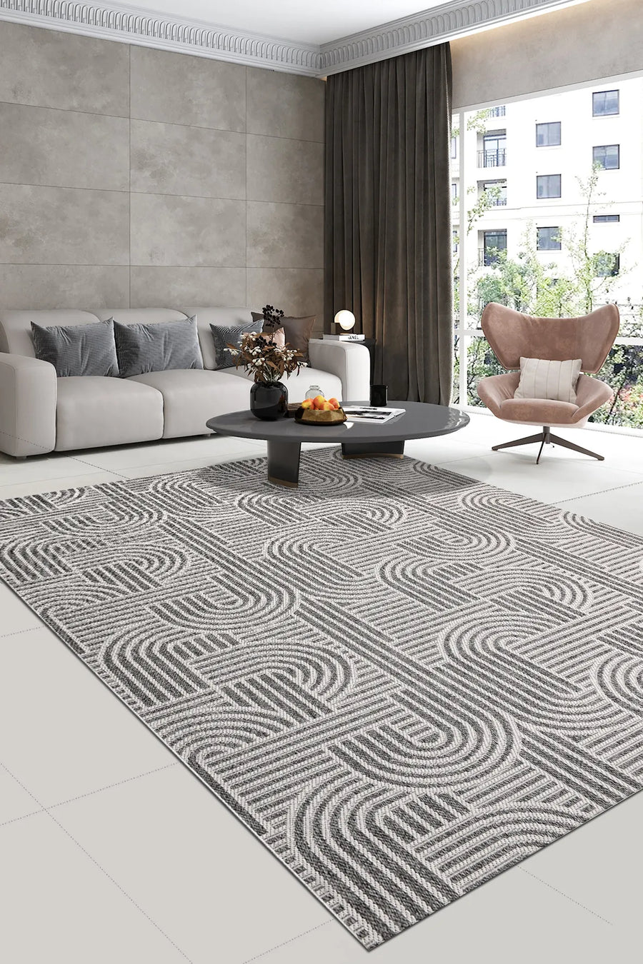 Tanvo Açık Gri Beyaz Geometrik Desenli Polyester Halı