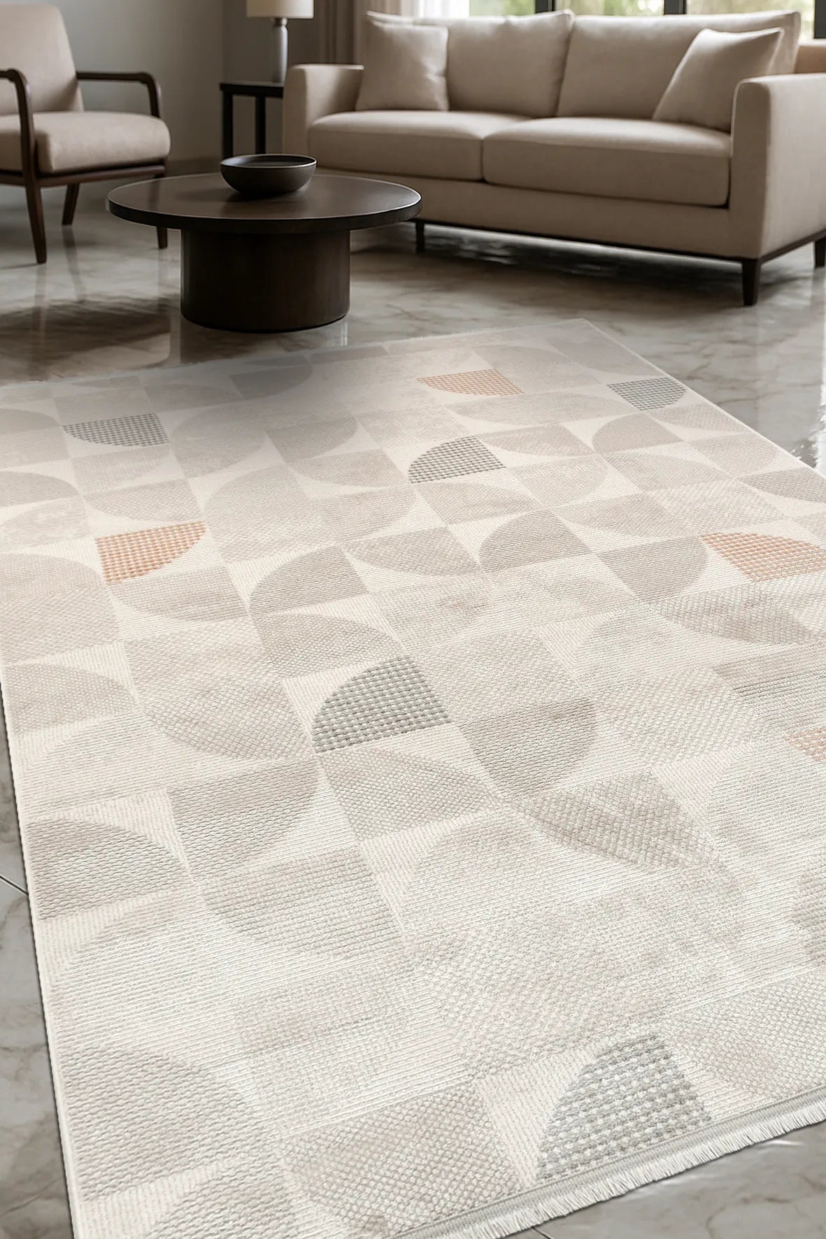 Pryvo Modern Geometrik Desenli Beyaz Gri Halı