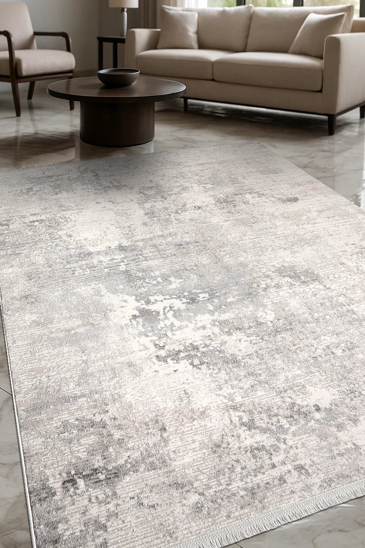 Pryvo Gri Beyaz Soyut Desenli Modern Salon Halısı