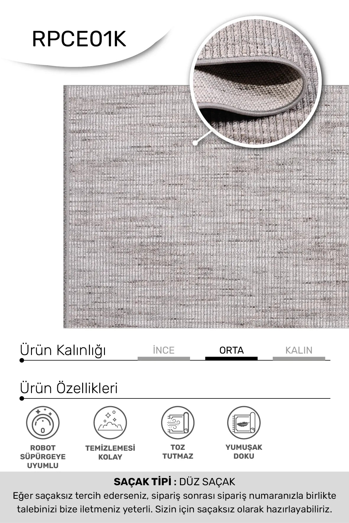 Klavra Gri Beyaz Kabartma Dokulu Modern Polyester Halı – kenar detayı