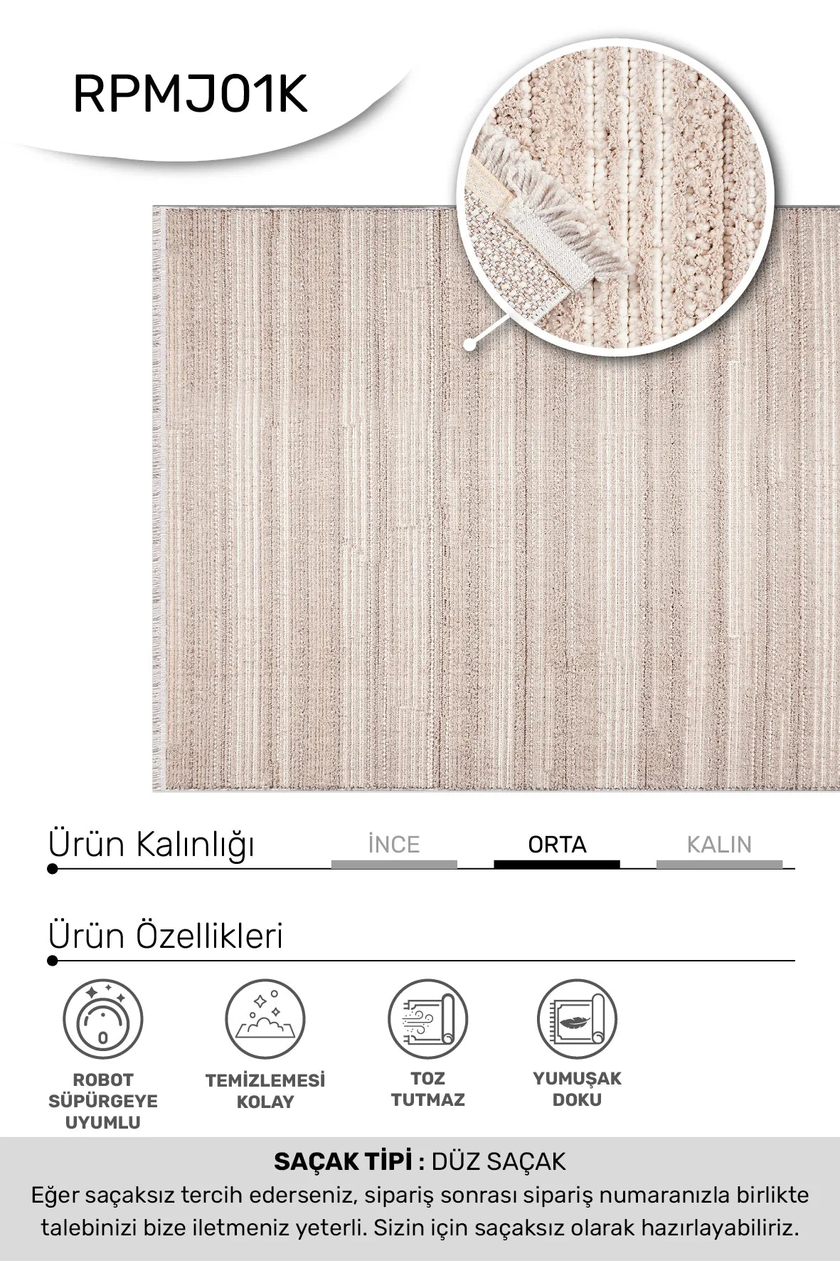 Noraso Bej Krem Çizgili Modern Salon Makine Halısı – genel görünüm