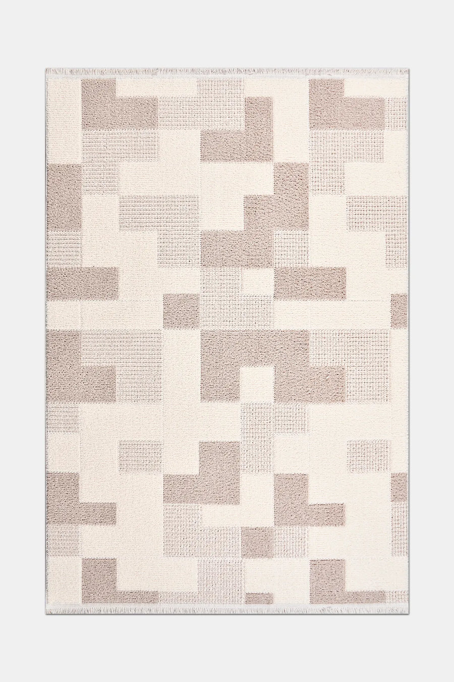Noraso Krem Bej Geometrik Desenli Modern Polyester Halı – arka yüz görünümü