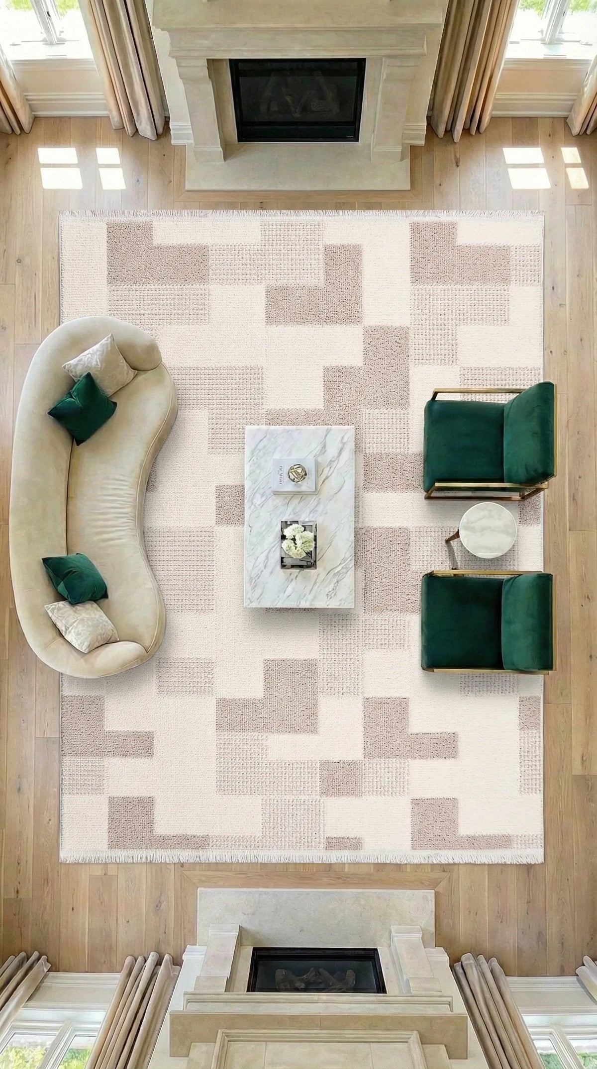Noraso Krem Bej Geometrik Desenli Modern Polyester Halı – farklı açı