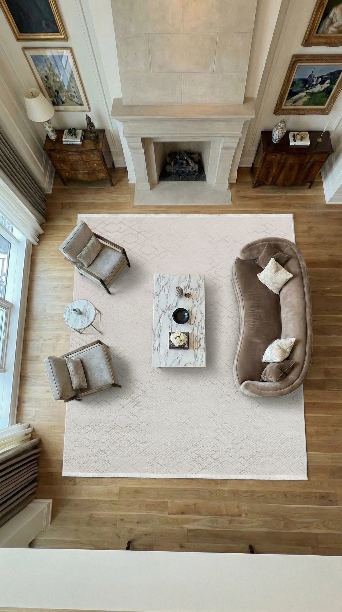 Ronvi Beyaz Krem Geometrik Desenli Modern Salon Halısı