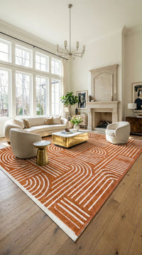 Savel Turuncu Beyaz Geometrik Desenli Modern Makine Halısı