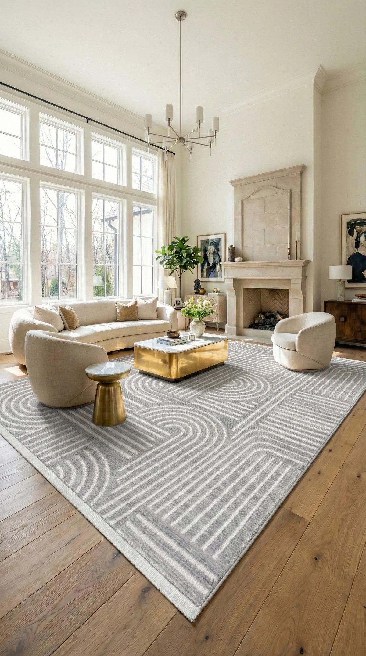 Savel Gri Beyaz Geometrik Desenli Modern Makine Halısı