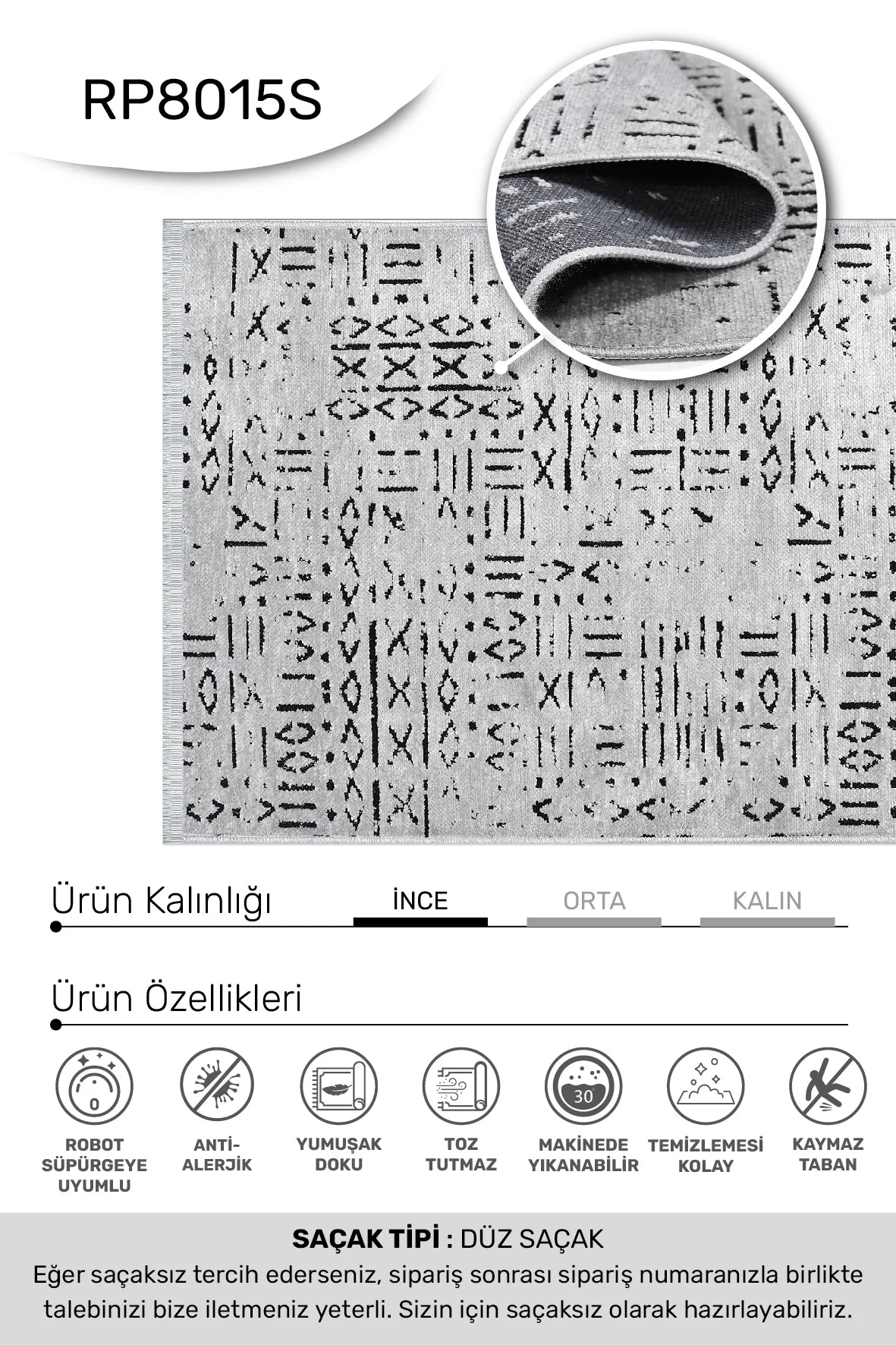 Kelaro Gri Siyah Geometrik Desenli Modern Makine Halısı – arka yüz görünümü