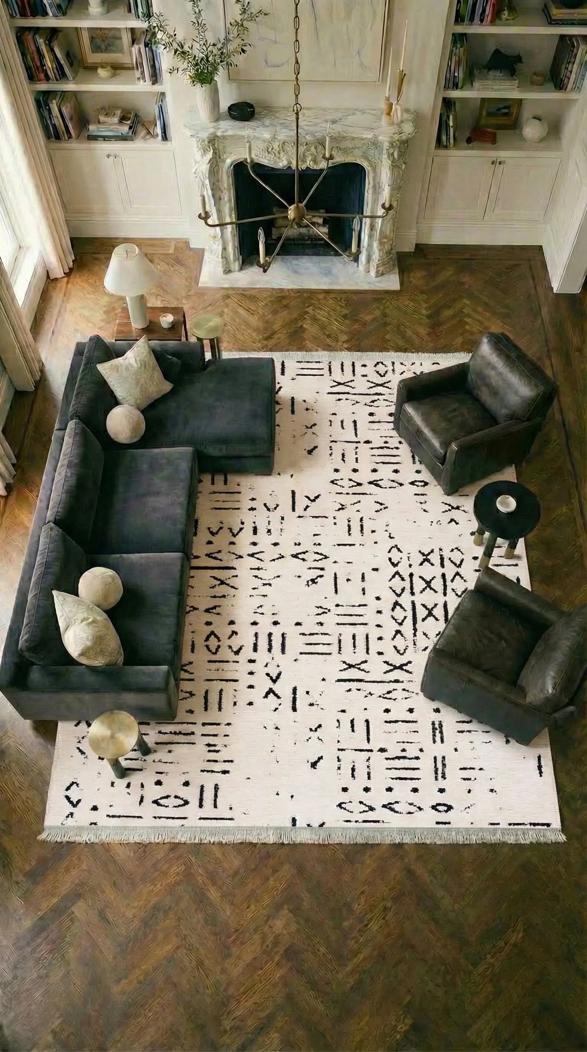 Kelaro Siyah Beyaz Geometrik Desenli Modern Makine Halısı