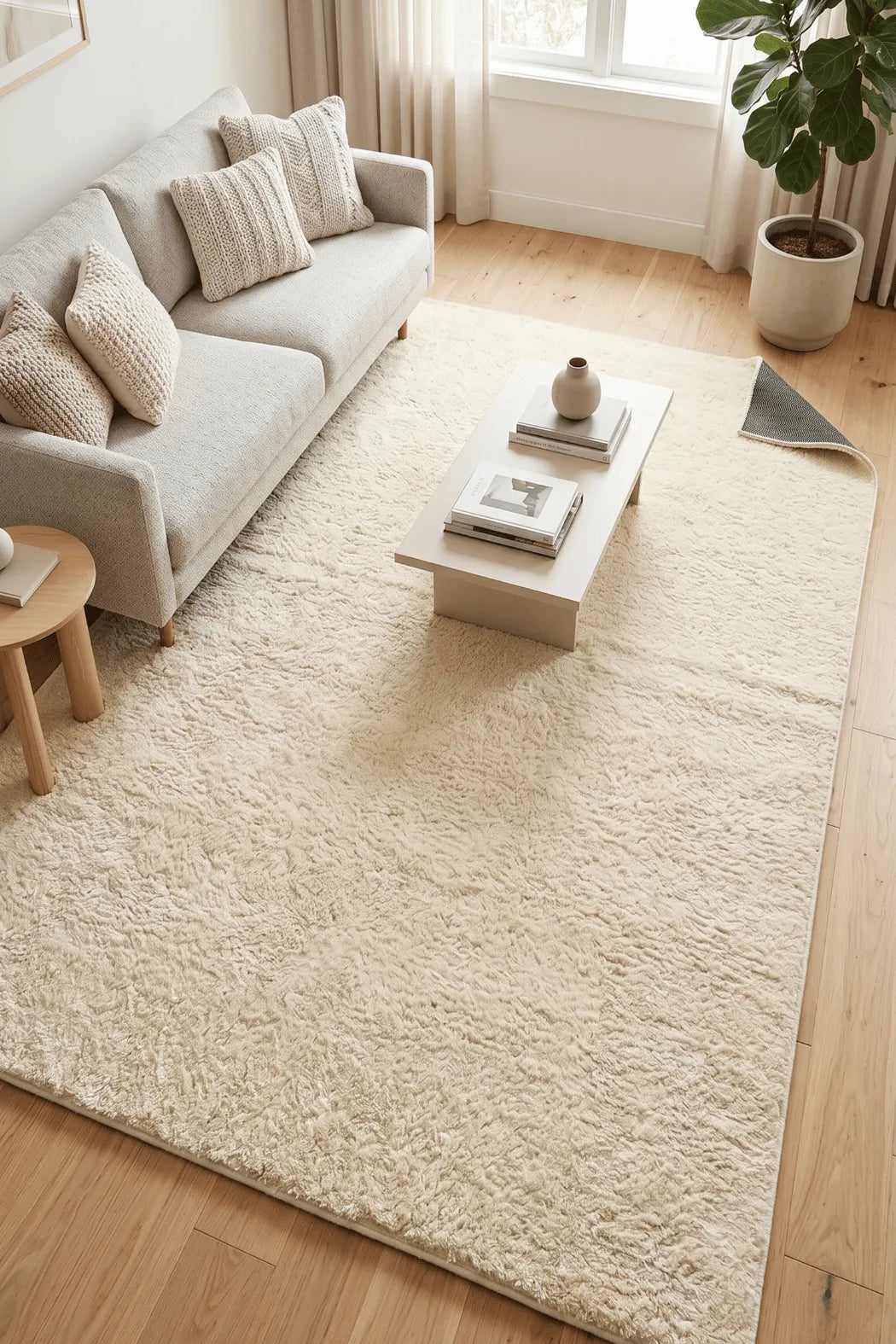 Renavi Krem Gri Düz Modern Shaggy Salon Halısı