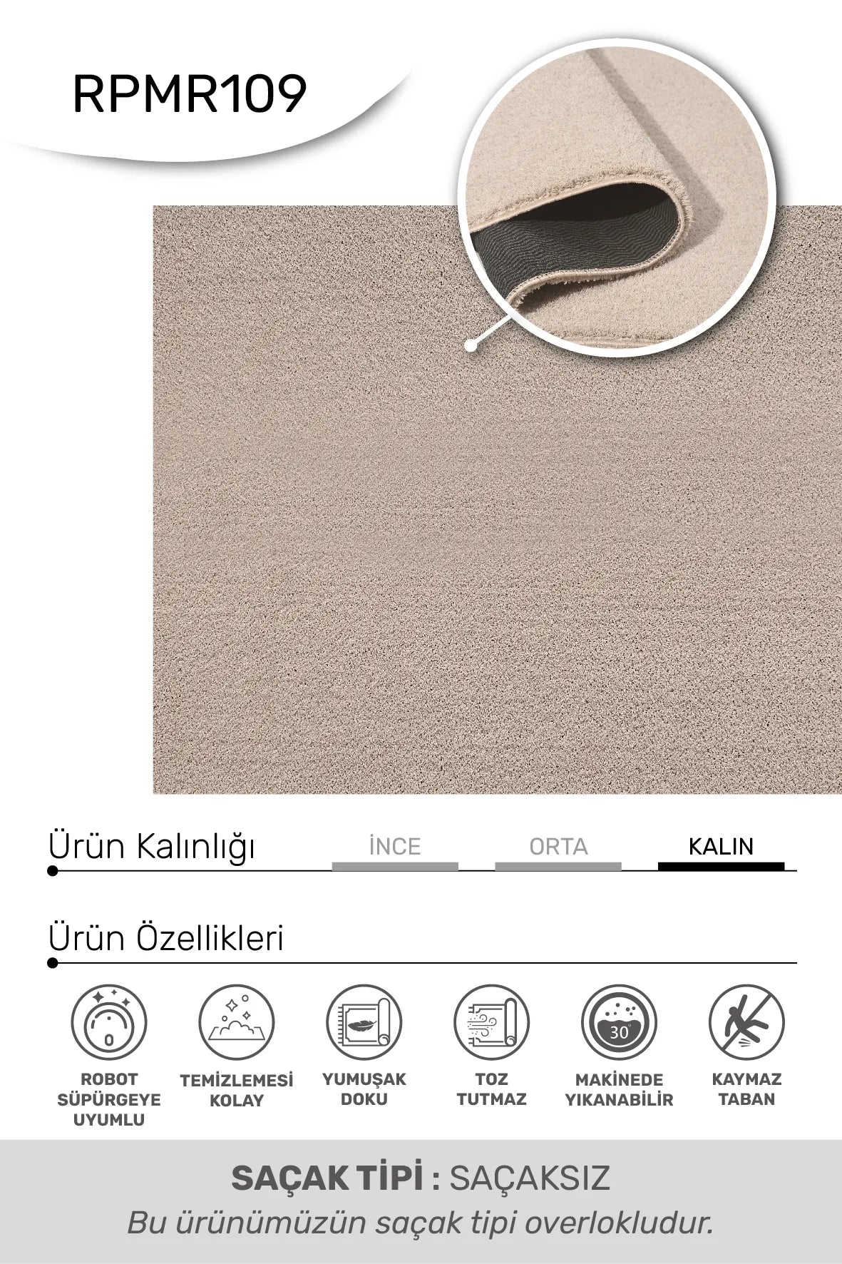 Renavi Bej Gri Modern Düz Bukleli Shaggy Salon Halısı – arka yüz görünümü