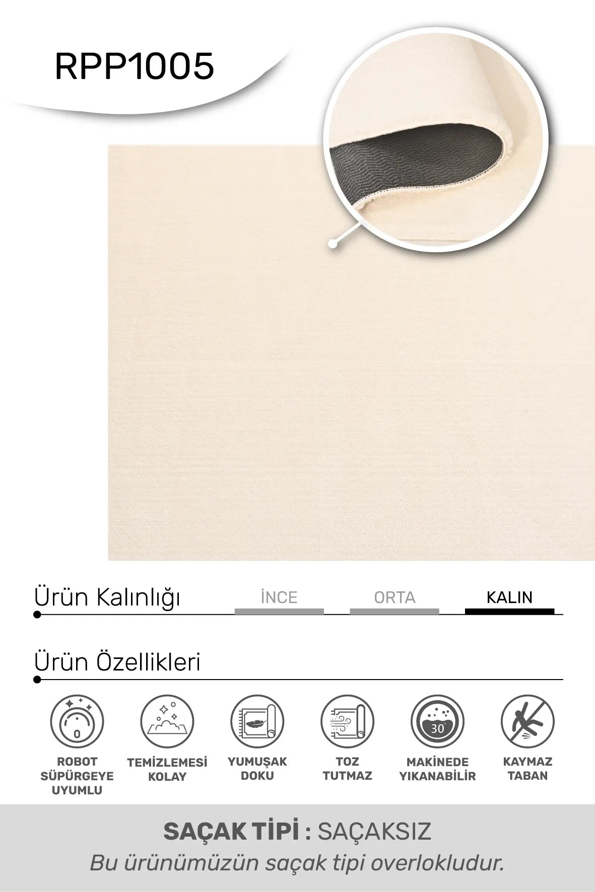 Doven Ekru Yeşil Düz Modern Salon Halısı – arka yüz görünümü