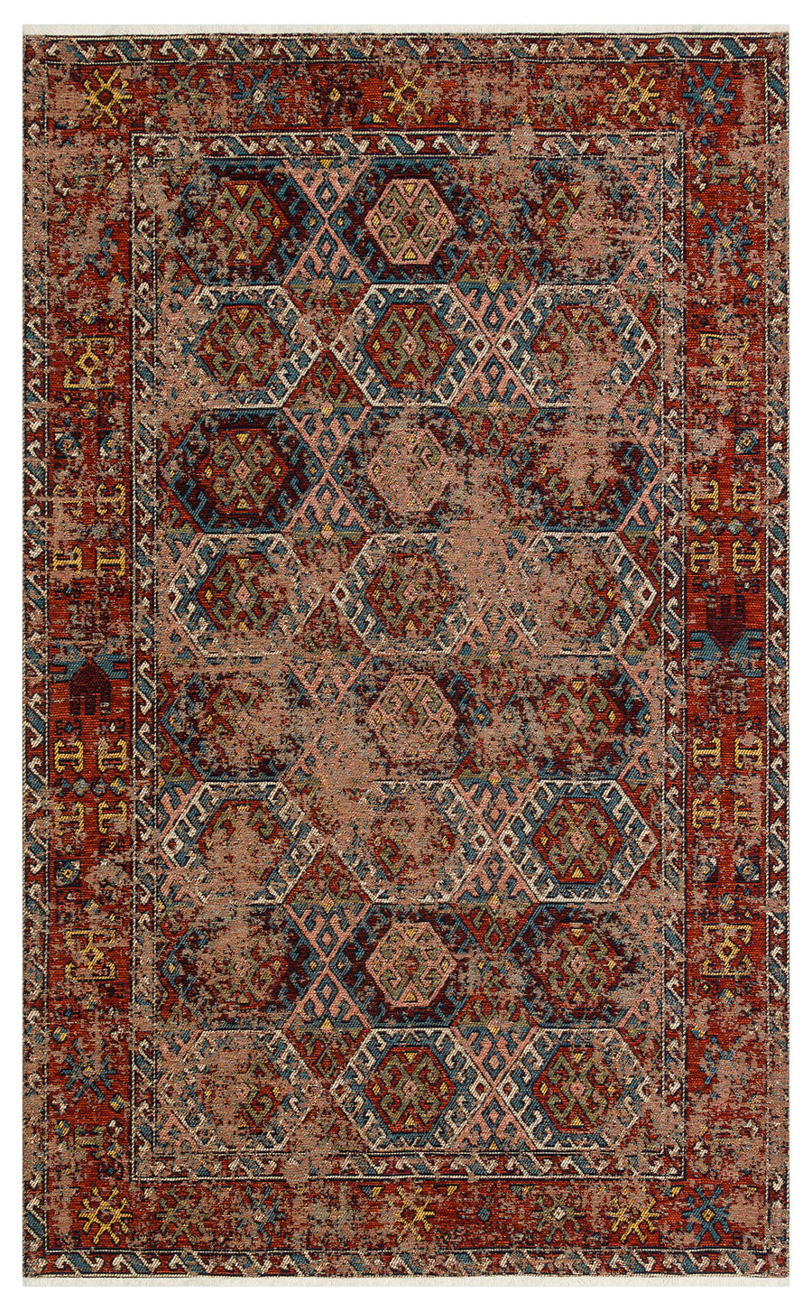 Ludor Kırmızı Etnik Geometrik Desenli Kilim