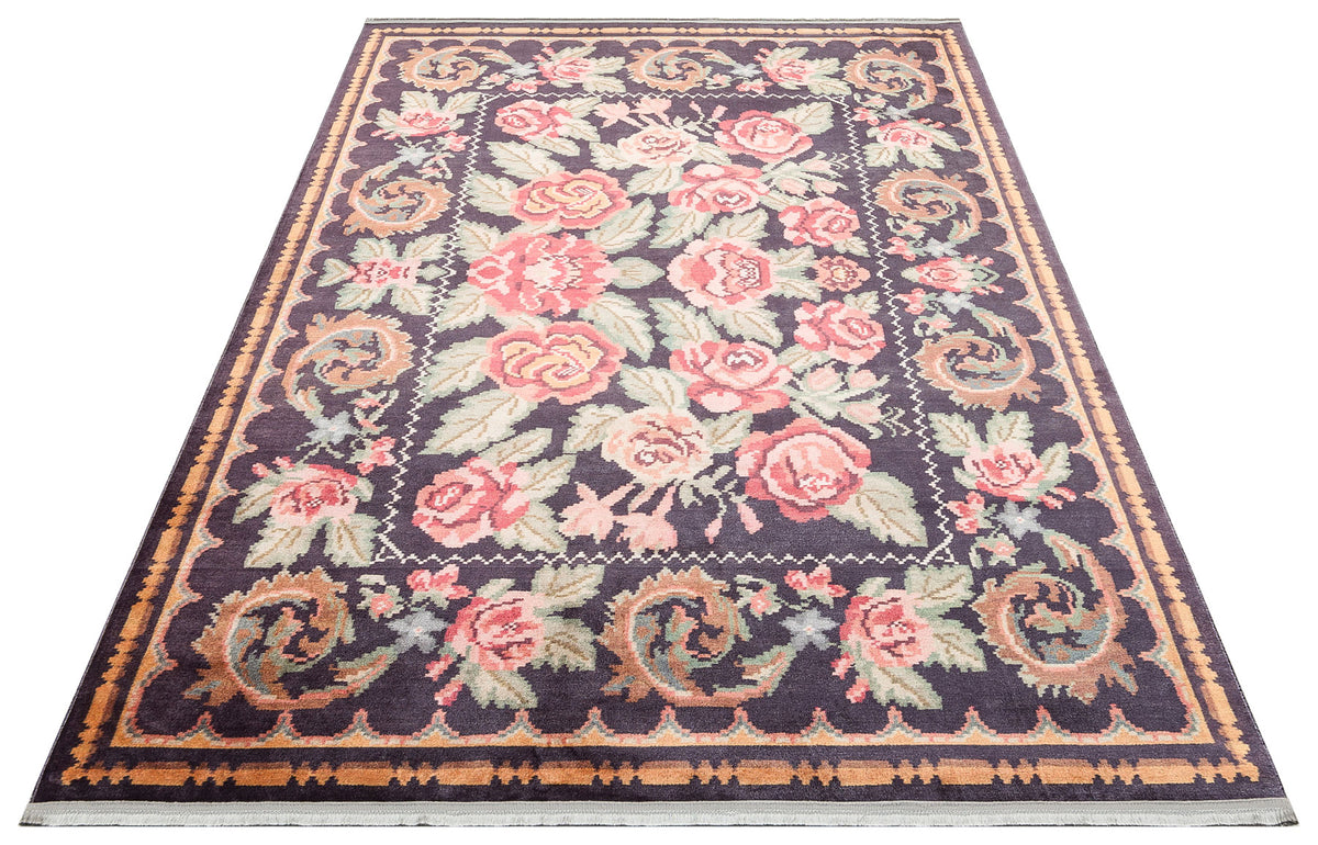 Rulov Mor Pembe Çiçekli Klasik Polyester Makine Halısı – doku yakın çekim