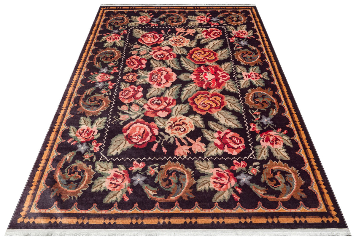 Rulov Mor Pembe Çiçekli Klasik Polyester Makine Halısı – detay görünümü