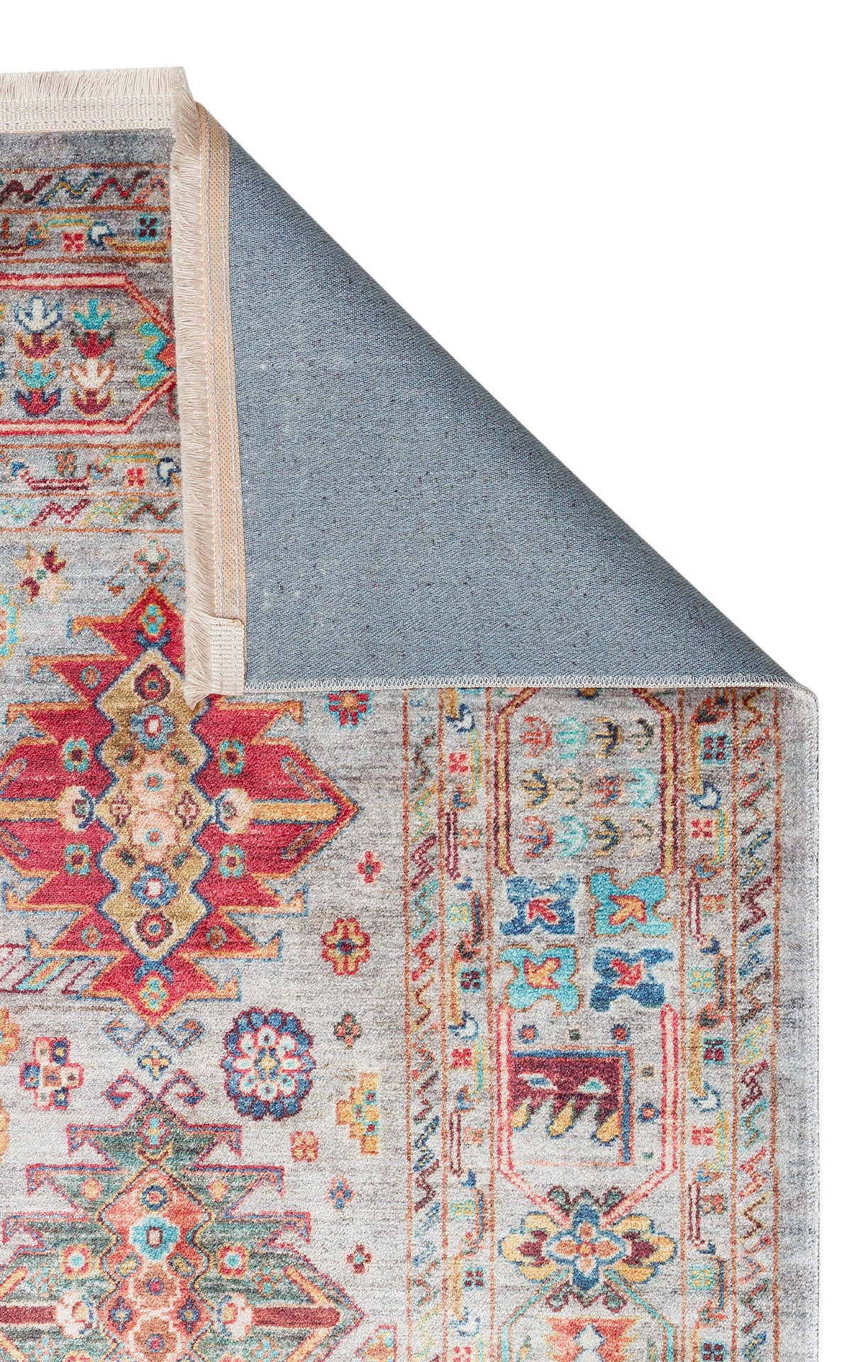 Rulov Mavi Etnik Geometrik Desenli Yıkanabilir Makine Halısı – detay görünümü