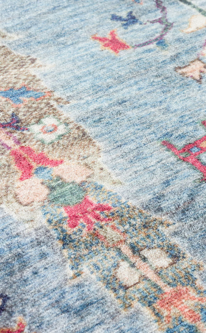 Rulov Mavi Etnik Hayvan Figürlü Polyester Makine Halısı – detay görünümü