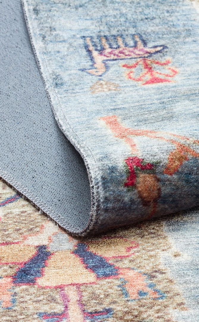Rulov Mavi Etnik Hayvan Figürlü Polyester Makine Halısı – kenar detayı