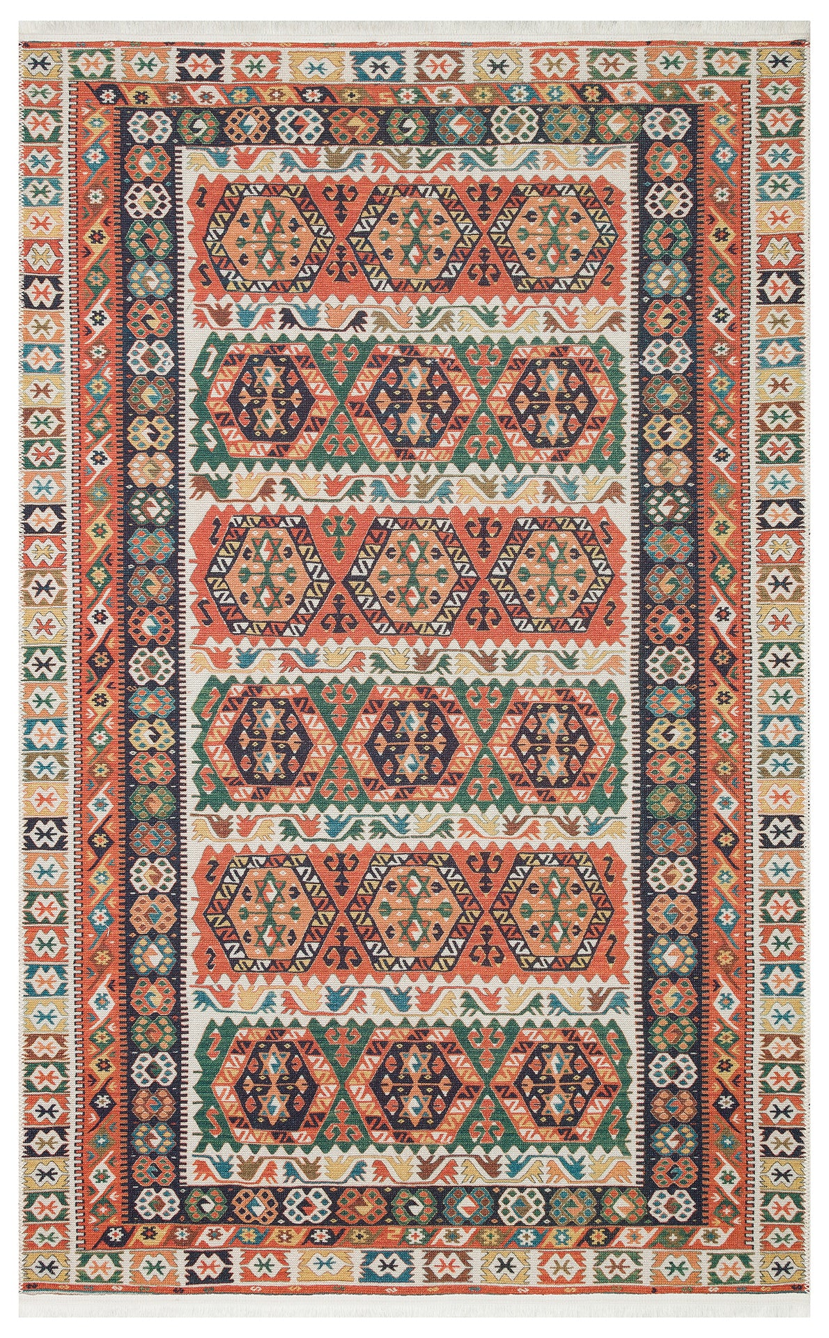 Pimbo Kırmızı Turuncu Etnik Kilim Motifli Halı