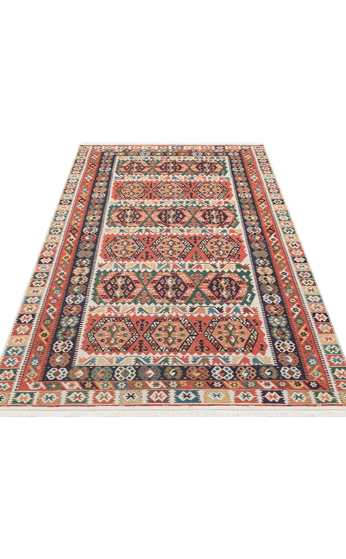 Pimbo Kırmızı Turuncu Etnik Kilim Motifli Halı