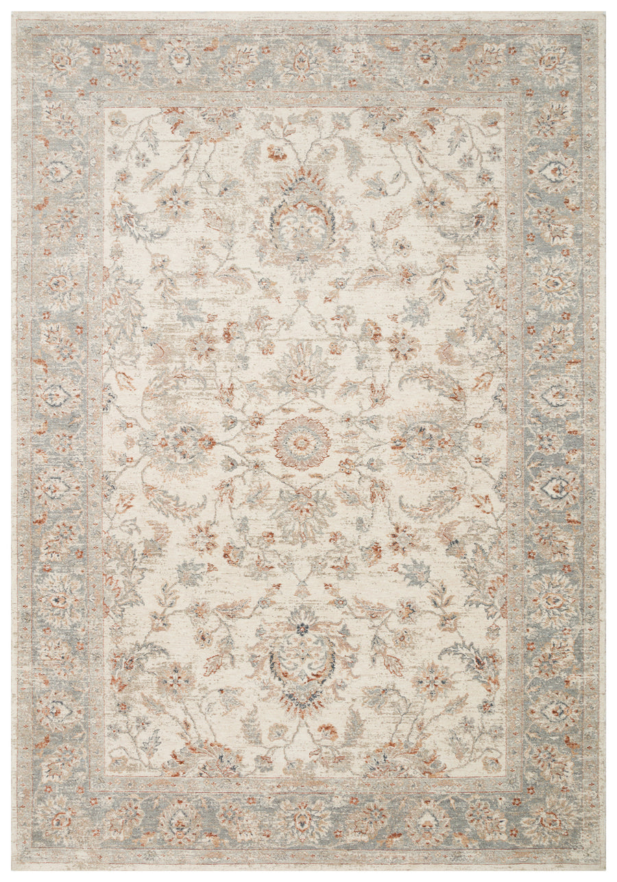 Alfombra clásica Sonvo crema y gris con motivos florales, tejida a máquina