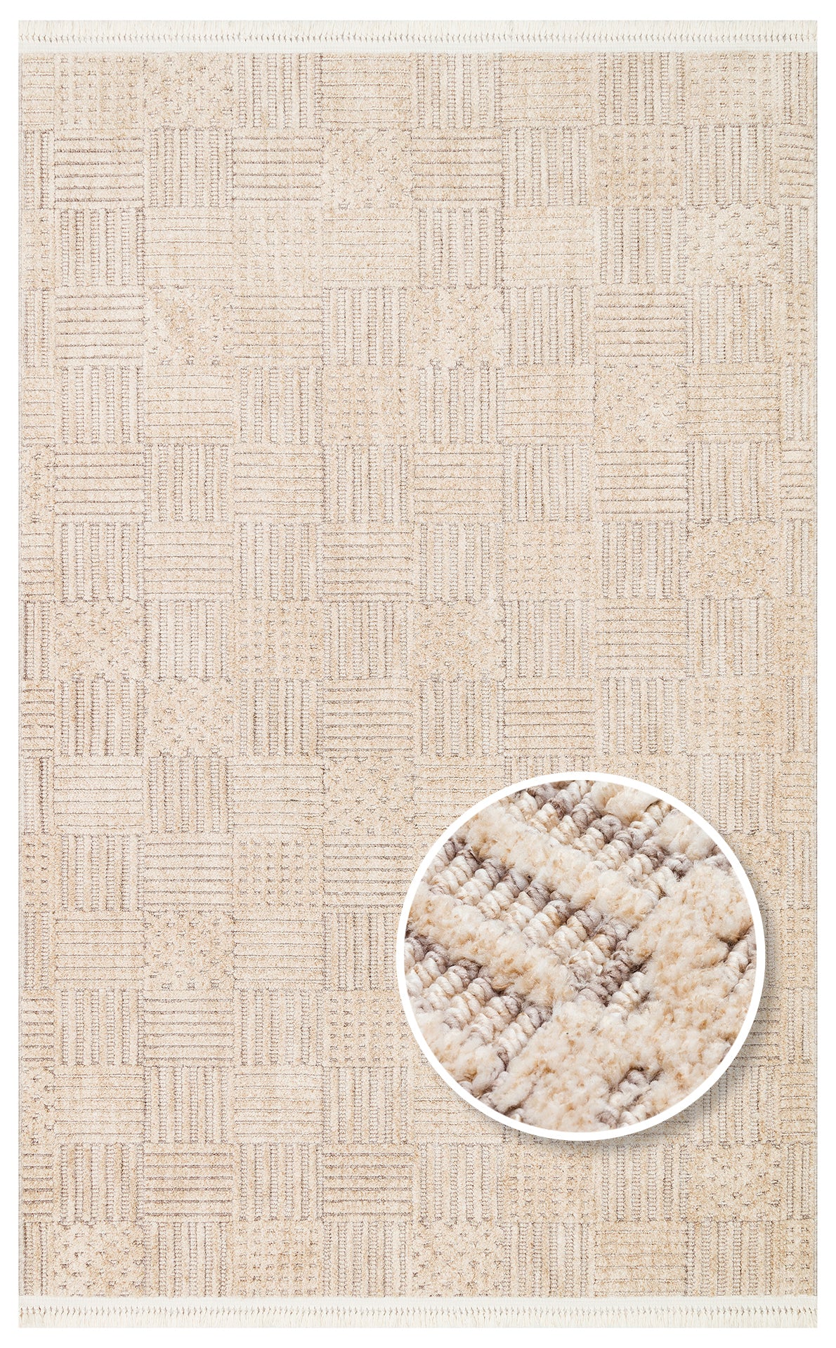Zamvi Bej Kare Bloklu Dokulu Desenli Modern Halı