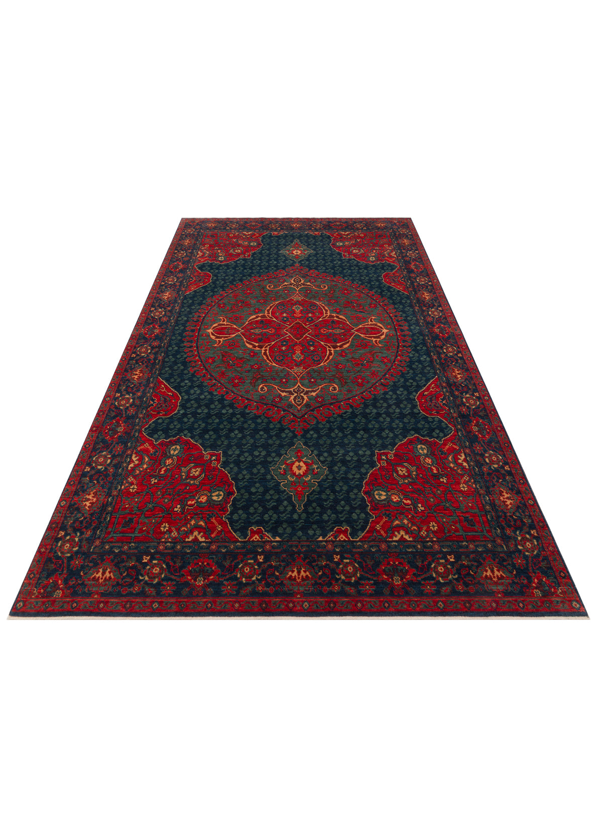 Kudri Lacivert Kırmızı Madalyonlu Klasik Makine Halısı – arka yüz görünümü