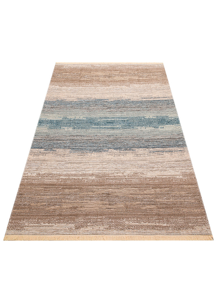 Tasene Gri Bej Soyut Desenli Modern Polyester Pamuk Kilim – kenar detayı