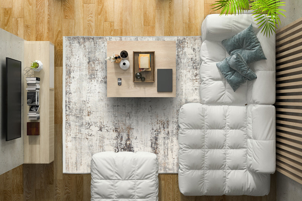 Klevra Beyaz Gri Soyut Modern Makine Halısı – mekânda kullanım