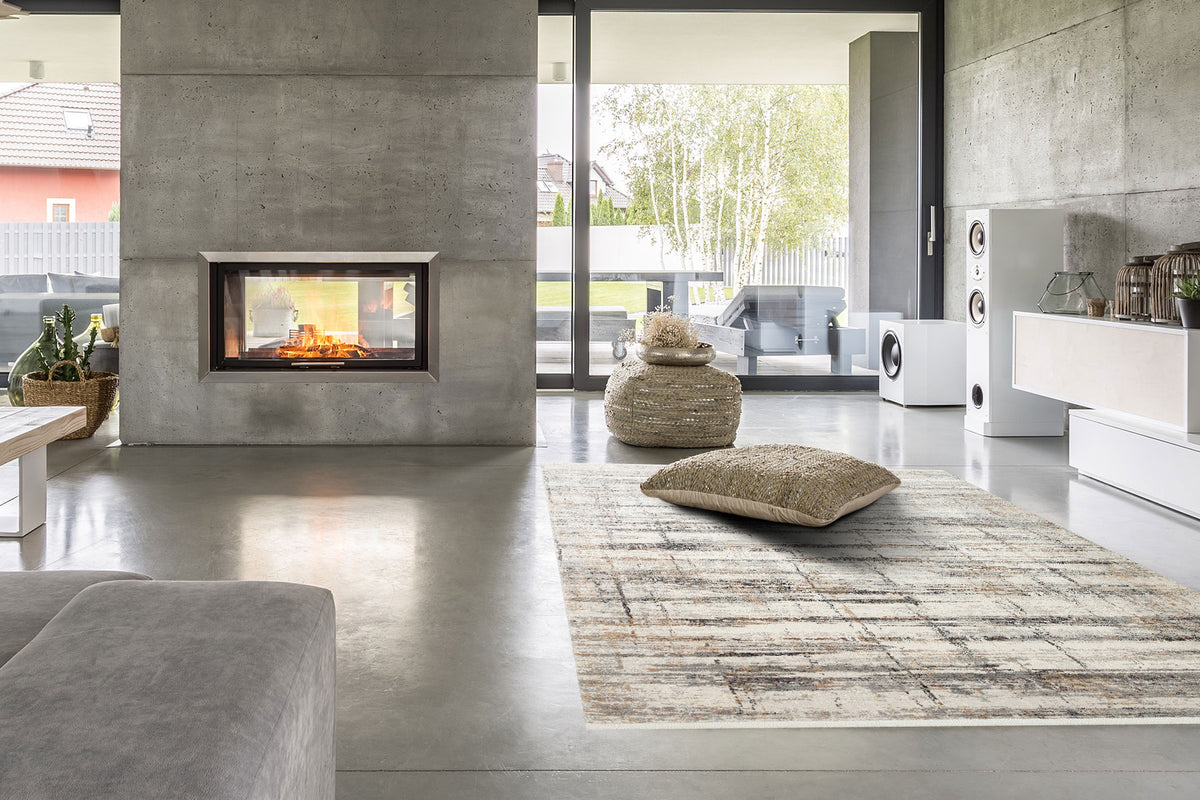 Klevra Beyaz Gri Soyut Desenli Modern Makine Halısı – mekânda kullanım