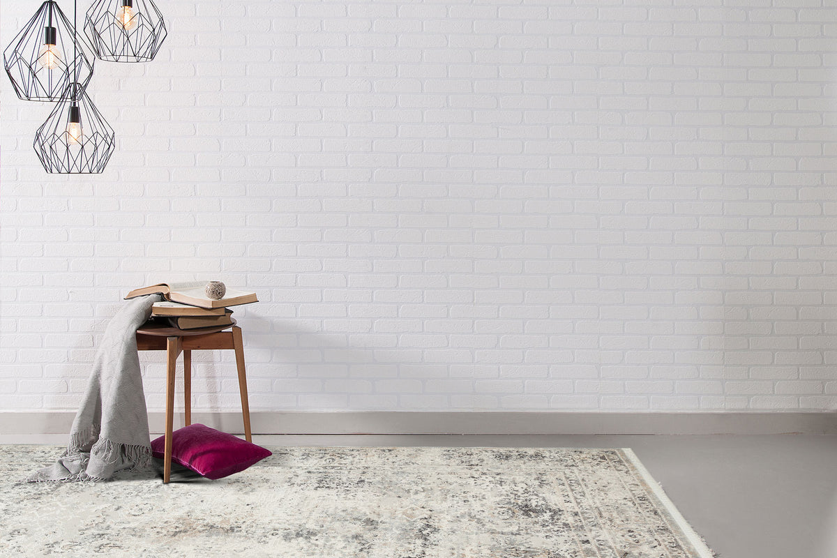 Klevra Beyaz Gri Eskitme Desenli Modern Makine Halısı – mekânda kullanım