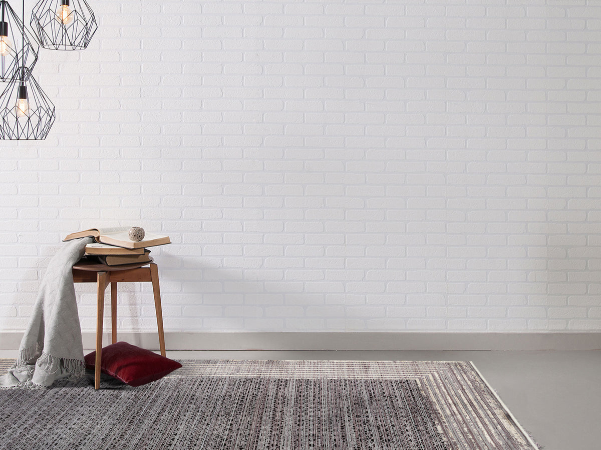 Borva Antrasit Bej Modern Geometrik Viskon Akrilik Halı – kenar detayı