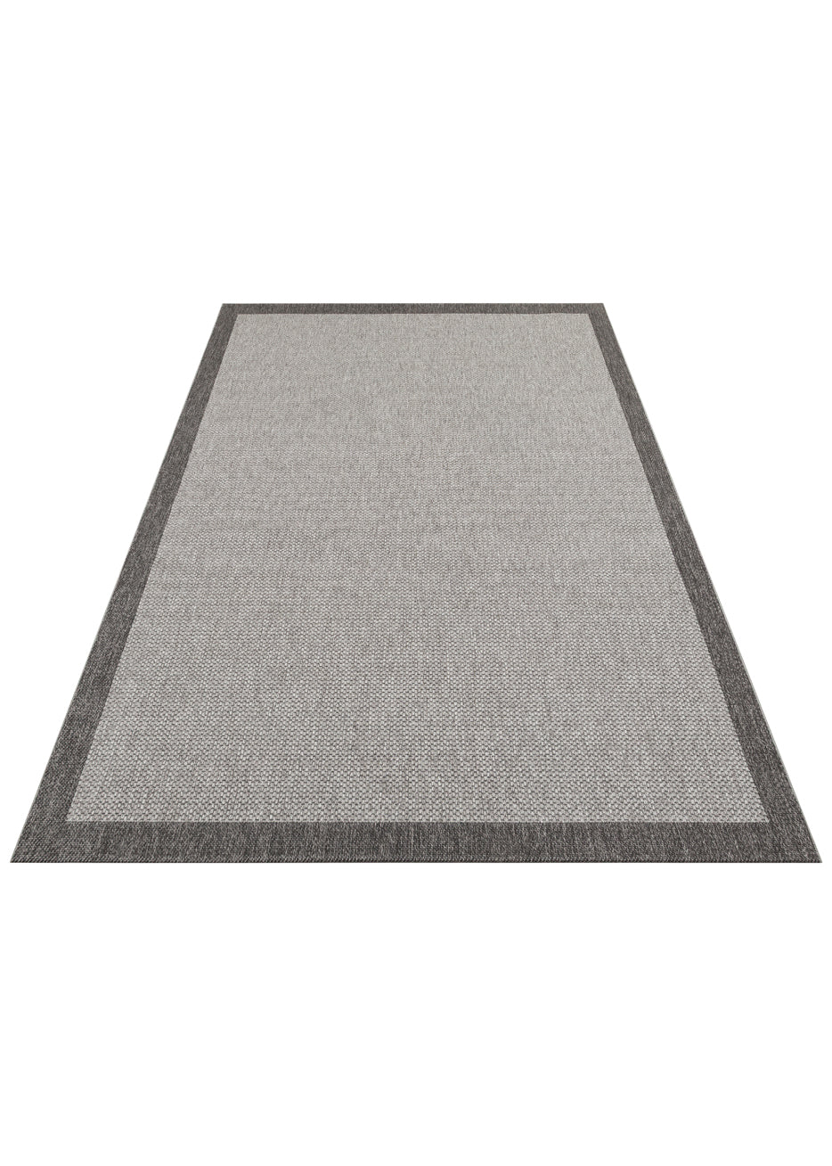 Savne Koyu Gri Kırmızı Bordürlü Dokulu Modern Kilim – mekânda kullanım