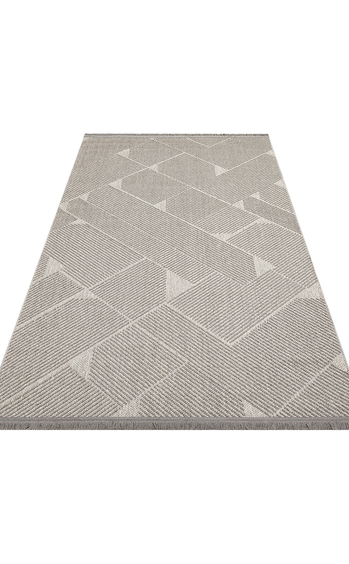 Aleva Gri İnce Çizgi Geometrik Desenli Polyester Halı – mekânda kullanım