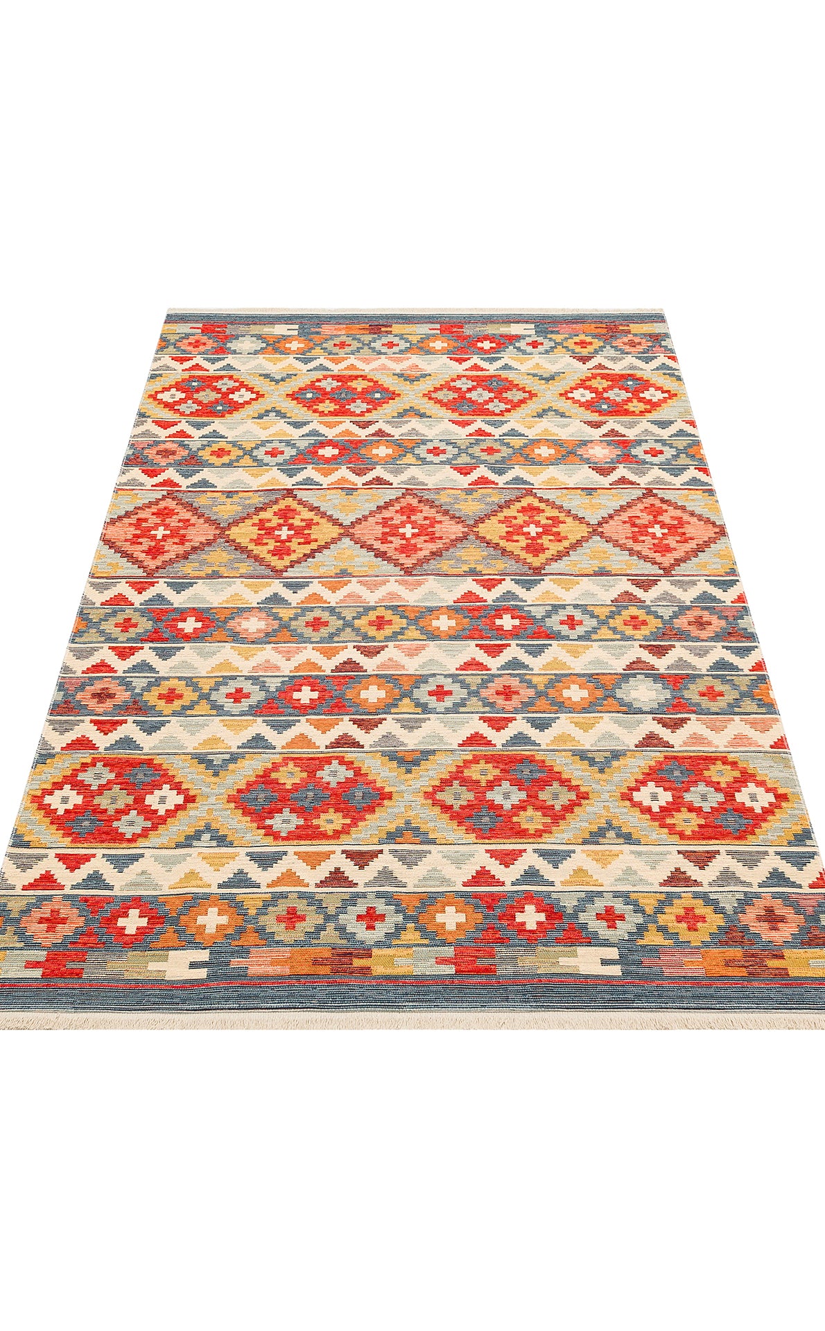 Lerva Çok Renkli Bej Etnik Geometrik Desenli Kilim – kenar detayı