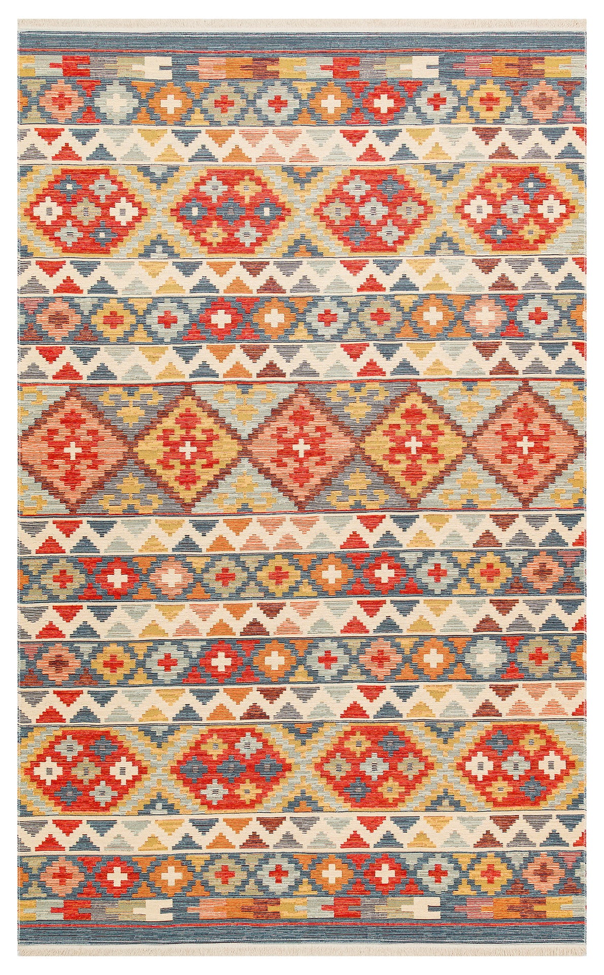 Lerva Çok Renkli Bej Etnik Geometrik Desenli Kilim