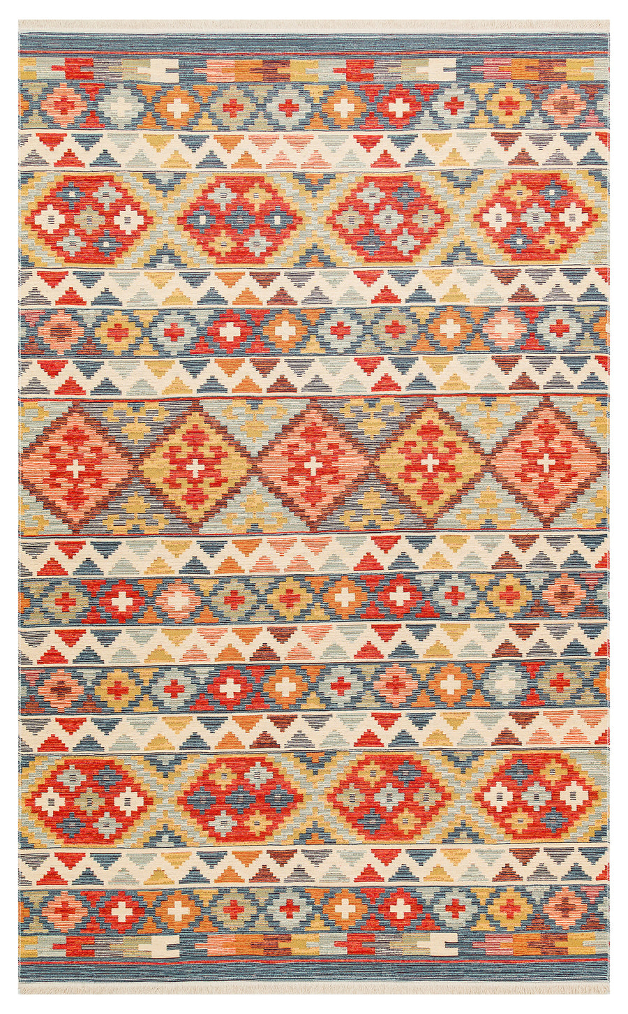 Lerva Çok Renkli Bej Etnik Geometrik Desenli Kilim
