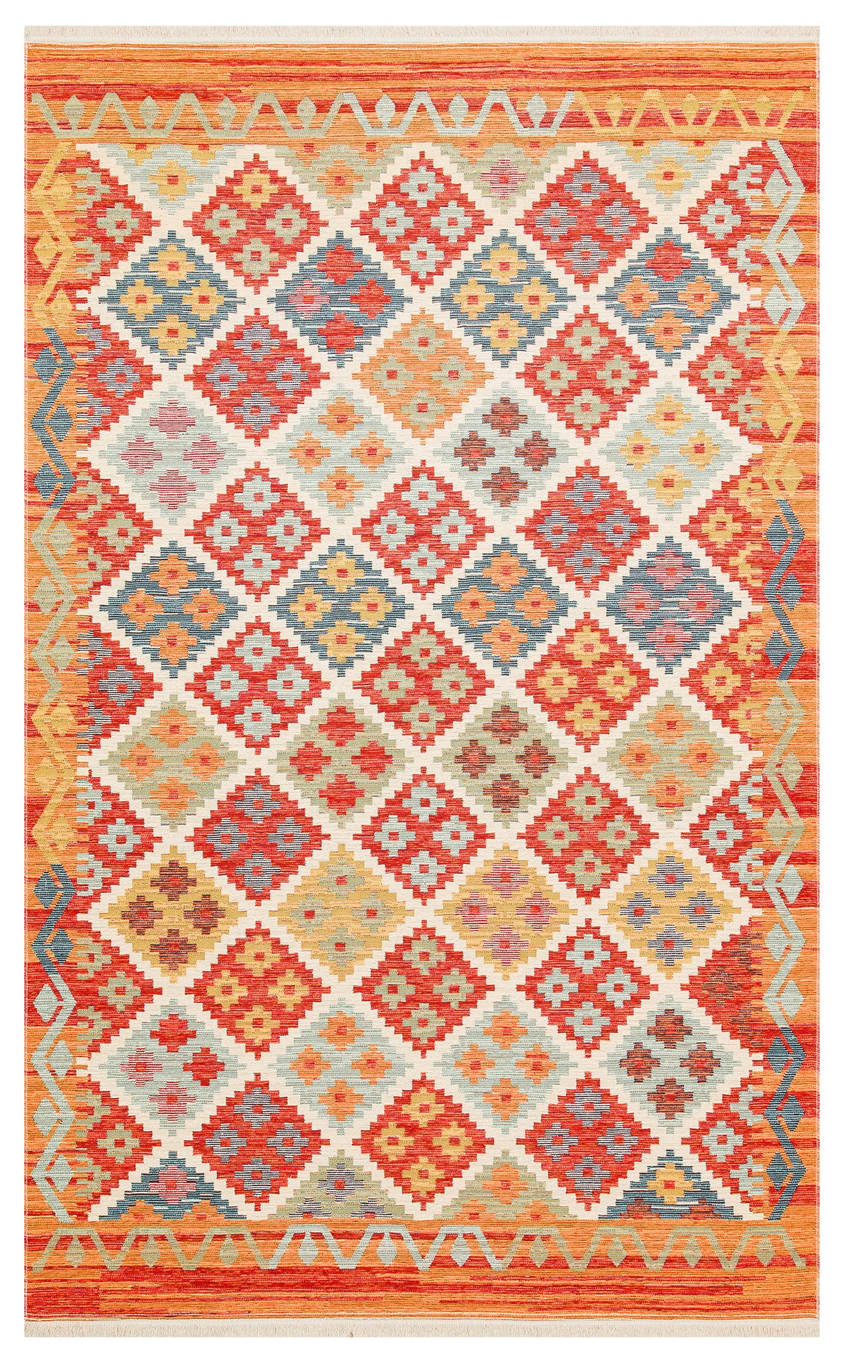 Lerva Turuncu Çok Renkli Etnik Geometrik Kilim