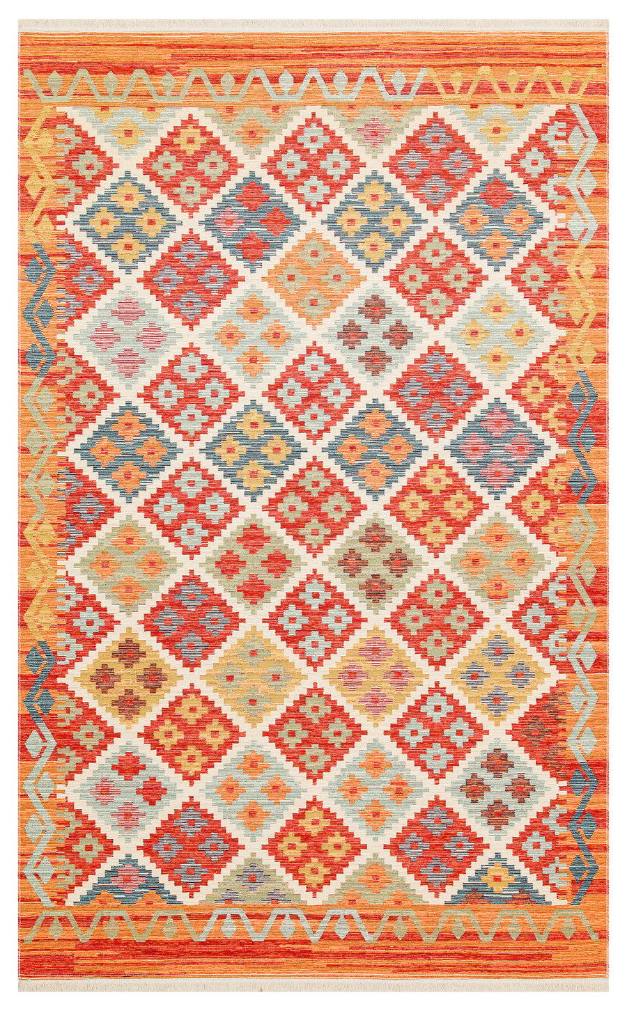 Lerva Turuncu Çok Renkli Etnik Geometrik Kilim