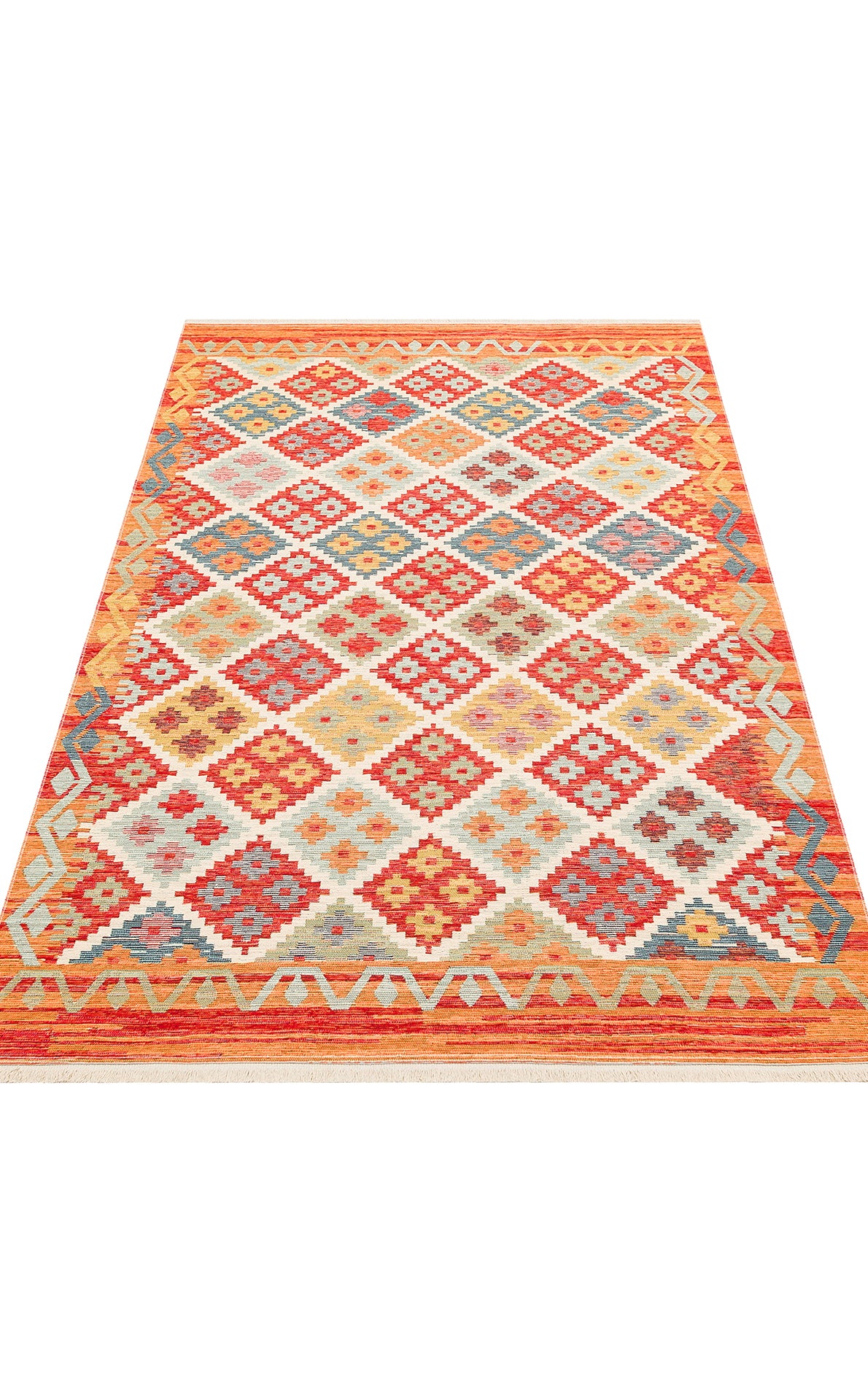 Lerva Turuncu Çok Renkli Etnik Geometrik Kilim – kenar detayı